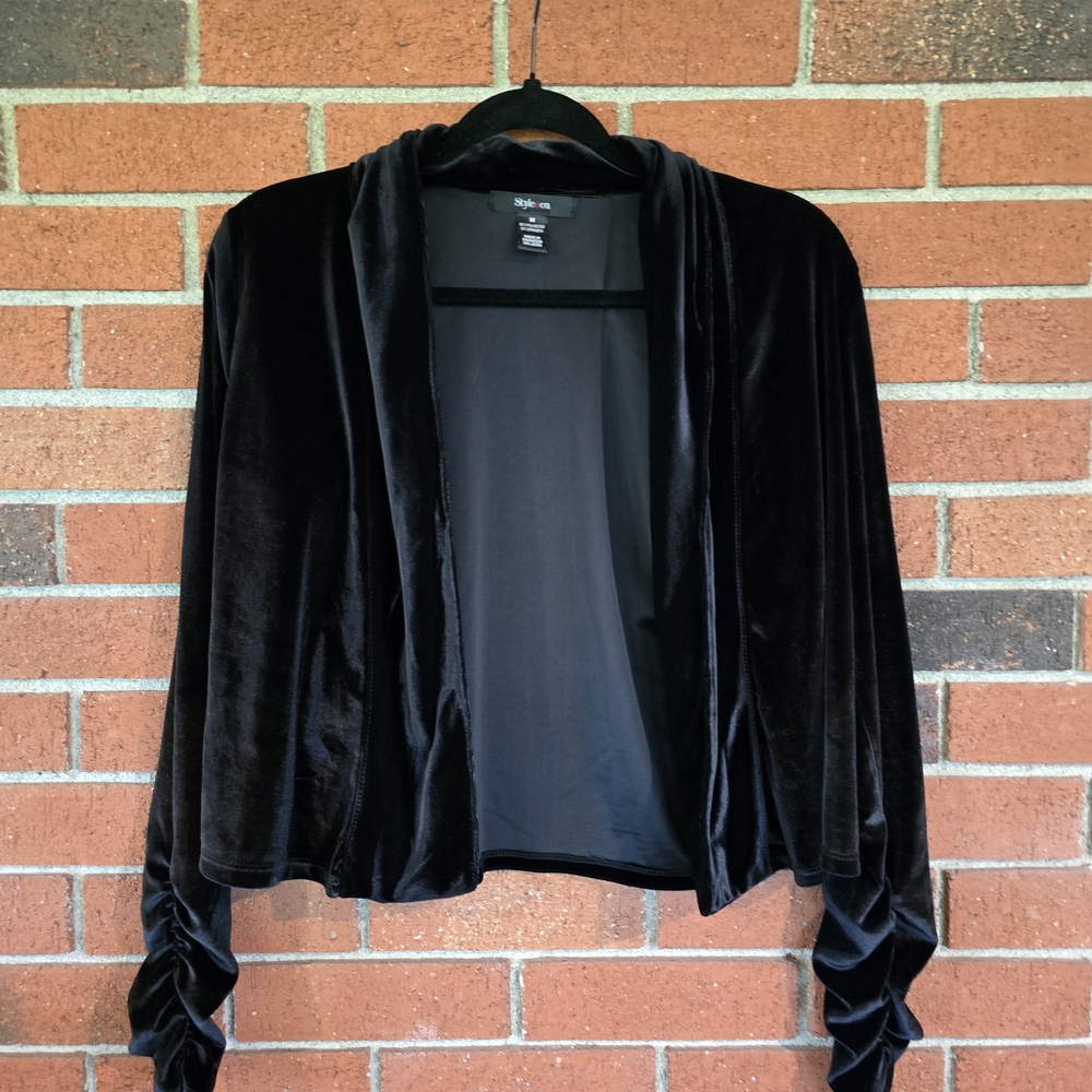 Velvet Cardigan Womens Medium Black with Scrunched Sleeves Style & Co Wimsigoth